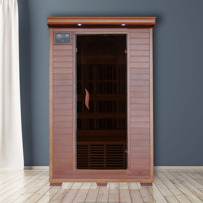 HeatWave Yukon two-person cedar sauna room setting