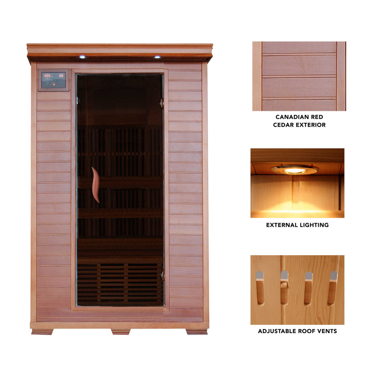 HeatWave Yukon two-person cedar sauna cedar exterior, lighting and roof-vent features