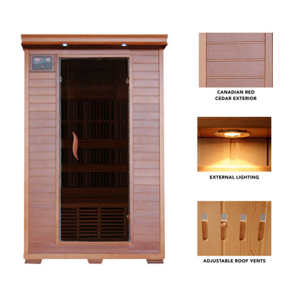 HeatWave Yukon two-person cedar sauna cedar exterior, lighting and roof-vent features