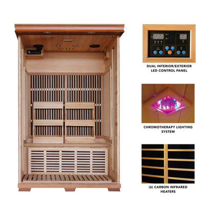 HeatWave Yukon two-person cedar sauna interior and heating features