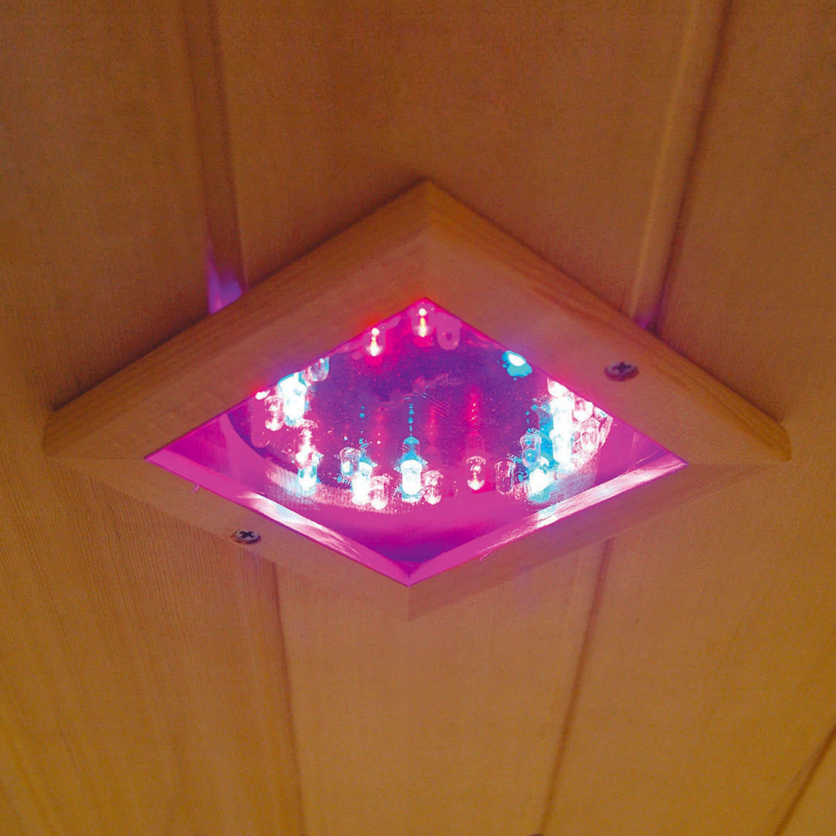 HeatWave Yukon two-person cedar sauna chromotherapy light close-up