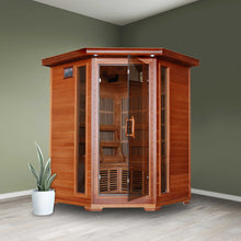 HeatWave Hudson Bay three-person corner cedar sauna room setting