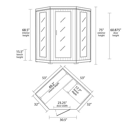 HeatWave Hudson Bay three-person corner cedar sauna exterior dimensions