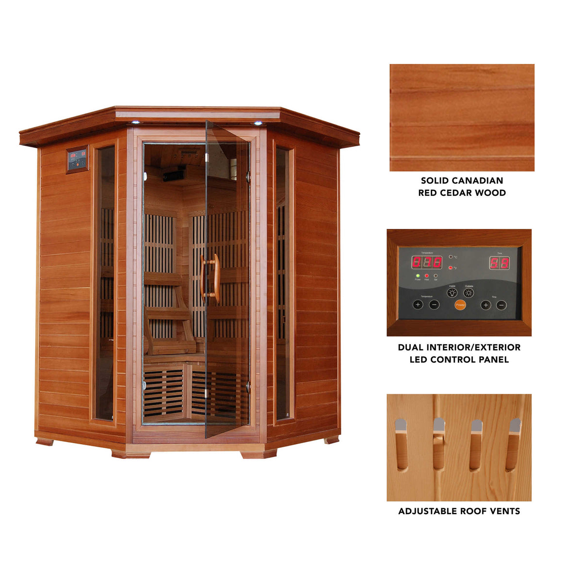 HeatWave Hudson Bay three-person corner cedar sauna cedar exterior, lighting and roof-vent features