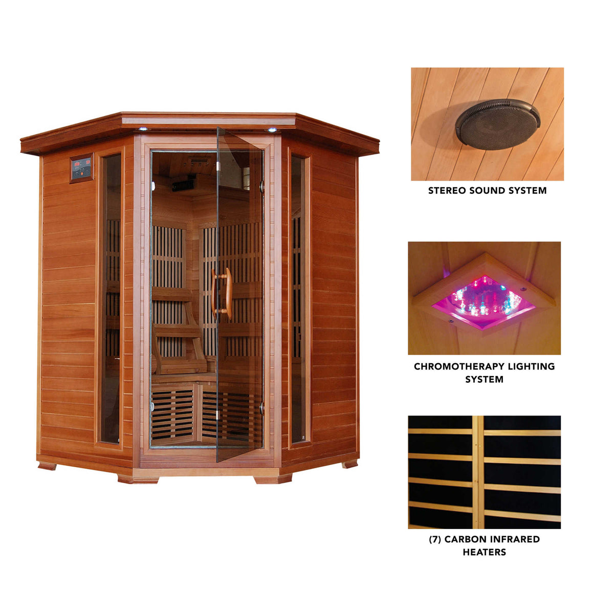 HeatWave Hudson Bay three-person corner cedar sauna interior and heating features