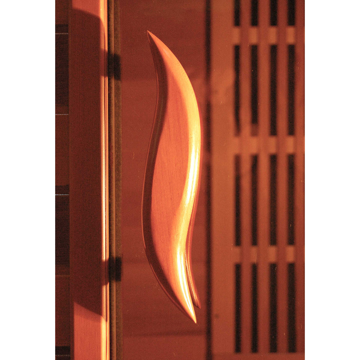 HeatWave Hudson Bay three-person corner cedar sauna wooden door handle close-up