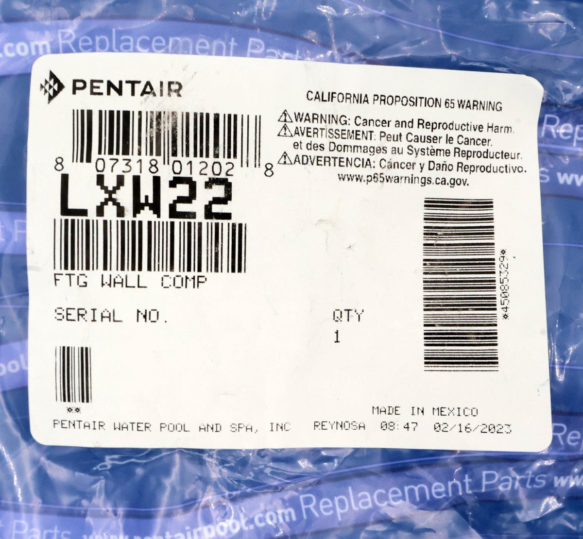 Genuine Pentair LXW22 - package model label
