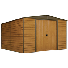 Arrow Woodridge WR1012 10 by 12-foot woodgrain steel storage shed isolated view